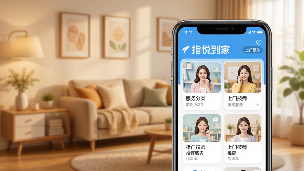 图片生成占位符:展示指悦到家APP在智能手机上运行的界面预览图,主界面展示服务分类列表与推荐技师卡片,背景为温馨的家居环境,画面清晰,色彩明亮,突出“指悦到家”品牌名称与“上门服务”的核心功能,整体风格为现代扁平化UI设计,干净整洁,无多余元素,高清画质