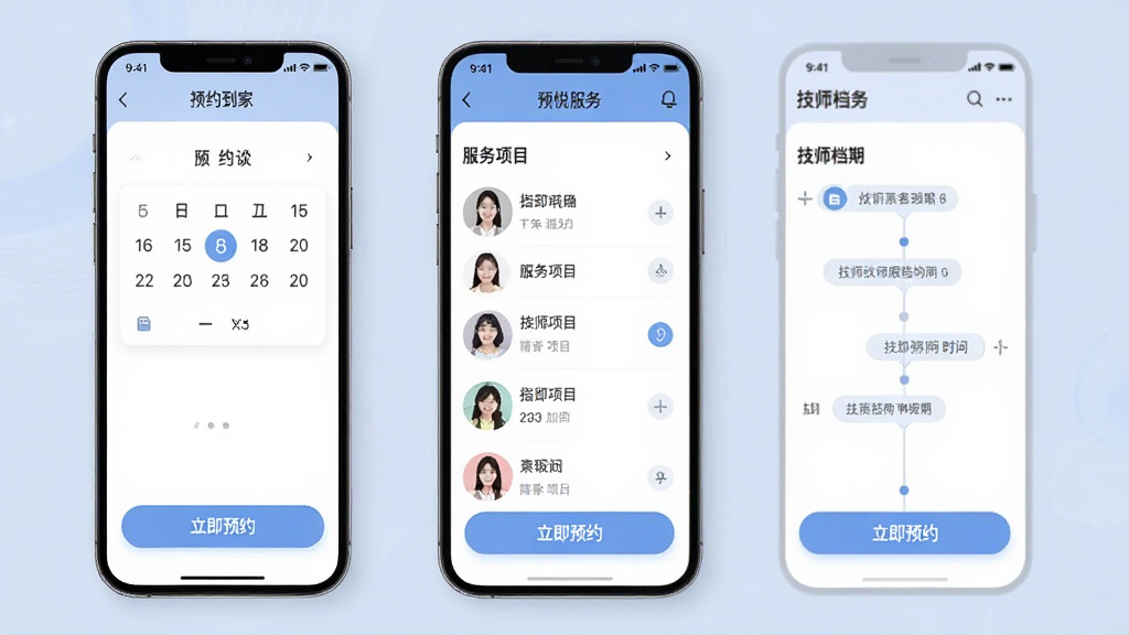 图片生成占位符:指悦到家APP内的预约服务页面,展示日期选择器、服务项目列表与技师档期时间轴,界面设计简洁直观,操作按钮清晰,配以“立即预约”的醒目提示,整体色调柔和,突出移动端预约的便捷性,高清UI设计预览图