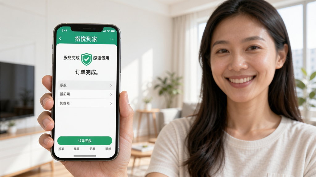 图片生成占位符:展示用户手持手机并使用指悦到家APP进行服务的场景,画面聚焦于手机屏幕上的订单完成页面,背景为干净的室内环境,用户表情满意,突出“服务完成,感谢使用”的界面文字,整体风格写实自然,干净明亮,高清画质