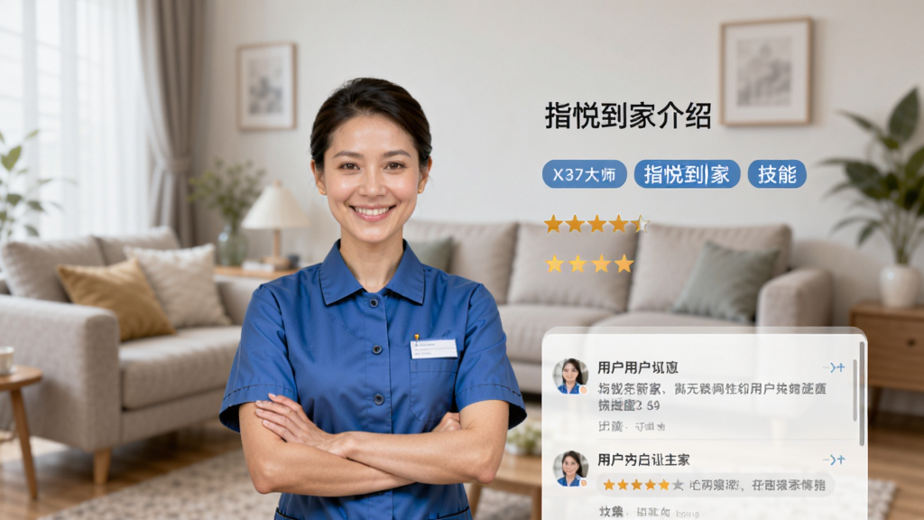 图片生成占位符:指悦到家APP的技师详情介绍页,展示一位面带微笑、穿着整洁制服的技师形象照,页面包含其技能标签、服务评分与用户留言区域,背景为模糊的居家客厅,突出人物主体与软件界面,画质清晰,风格专业写实,干净无杂物