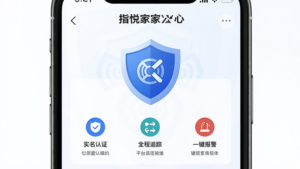 图片生成占位符:指悦到家APP的安全中心页面,展示“实名认证”、“全程追踪”、“一键报警”等功能图标,背景为盾牌形状的蓝色安全标识,搭配简洁的图文说明,风格严谨可靠,突出平台的安全保障核心优势,高清界面截图风格