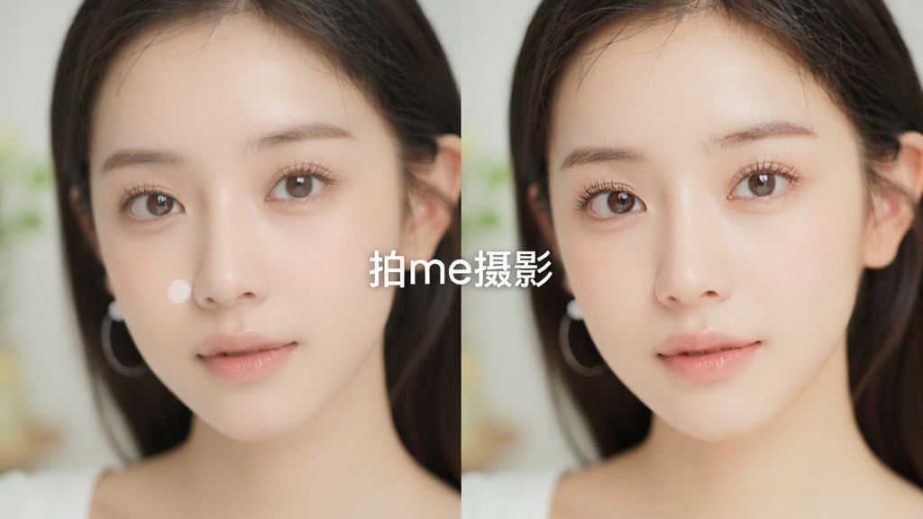 主体:手机界面展示人像美颜前后对比;布局:左右分屏,左为原图,右为效果图;排版:中间有“拍me摄影”字样;风格:柔和明亮,人像清晰;细节:面部皮肤细腻,眼神明亮,背景虚化;画质:高清,干净,无多余元素。