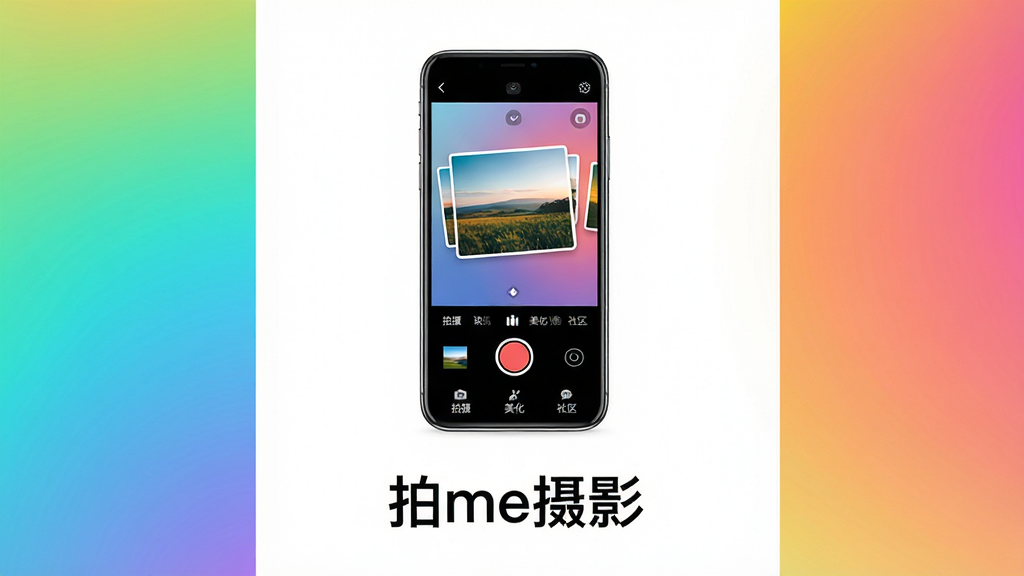 主体:拍me摄影手机应用界面展示,手机屏幕中显示相机快门按钮与滤镜选项,背景为多彩渐变;布局:手机居中,屏幕内容清晰可见,周围留白;排版:手机占画面中央,下方配以“拍me摄影”文字标识;风格:现代简约,色彩鲜明,略带科技感;细节:屏幕内包含风景照片缩略图,底部有“拍摄”“美化”“社区”标签;画质:高清渲染,干净,无多余元素。