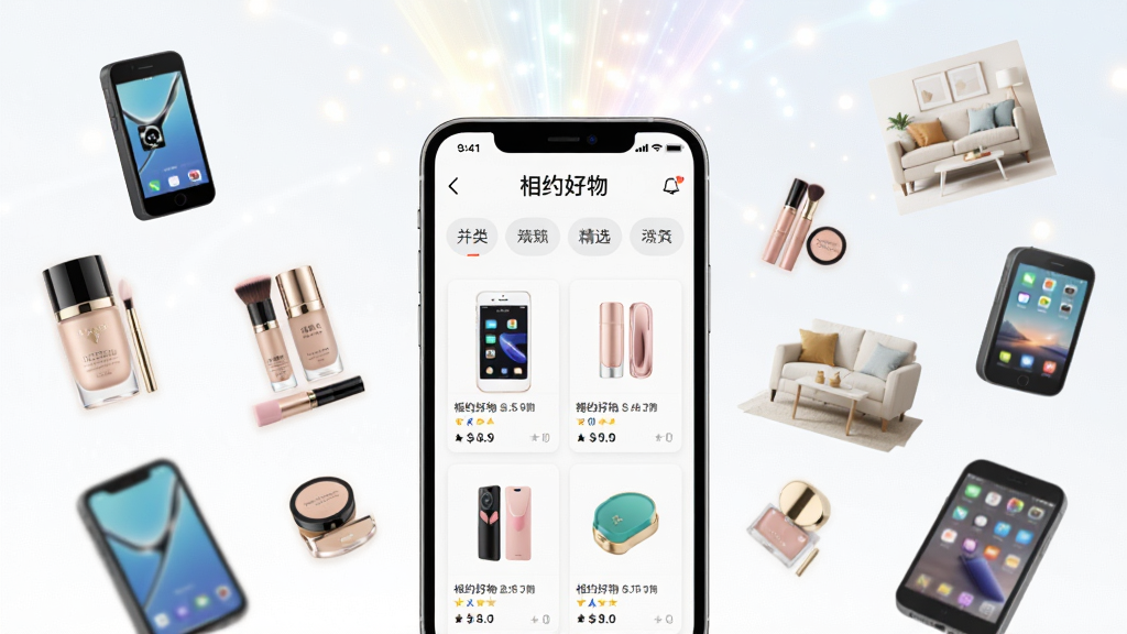 主体:相约好物APP界面与精选商品展示。布局:手机屏幕居中,周围漂浮着各类精美商品(数码、美妆、家居),上方有光效汇聚。排版:手机屏幕内显示分类导航与商品卡片,屏幕外商品错落环绕。风格:明亮通透,扁平化设计,电商风格。细节:手机屏幕上有“相约好物”字样,商品细节清晰可见。画质:高清,干净,无多余元素。