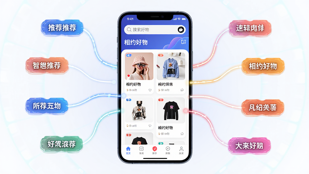 主体:相约好物APP智能推荐界面。布局:手机界面占据画面中心,四周放射状线条连接多个商品标签。排版:界面顶部搜索栏,中部瀑布流商品卡片,底部导航栏。风格:科技感与时尚感结合,色彩明快。细节:手机屏幕显示“相约好物”与推荐商品图,线条流动动态。画质:高清,干净,无多余元素。