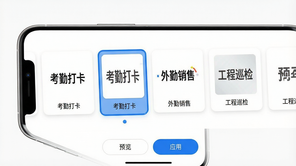 主体:手机屏幕展示模板选择界面,横向滑动展示多个水印模板缩略图,如“考勤打卡”、“外勤销售”、“工程巡检”。布局:界面采用卡片式布局,上下滑动浏览。排版:每个模板卡片下方标注名称,当前选中的模板有蓝色边框高亮。风格:简洁的UI设计,背景为纯白色。细节:模板缩略图清晰显示不同水印样式,底部有“预览”和“应用”按钮。画质:高清渲染,色彩准确,画面干净,无多余元素。