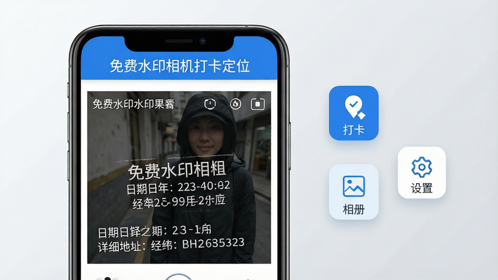 主体:一款名为“免费水印相机打卡定位”的手机软件界面展示,手机屏幕内显示一张带有详细水印的照片,水印内容包含日期、时间、详细地址和经纬度。布局:手机居中偏左,右侧悬浮着几个功能图标,如“打卡”、“相册”、“设置”。排版:简介大气,突出软件名称与核心水印效果。风格:现代扁平化UI设计风格,色调以蓝白为主,清晰明亮。细节:水印文字清晰可辨,界面按钮精致,背景为干净的浅灰色渐变。画质:8K超高清渲染,画面干净,无多余元素。