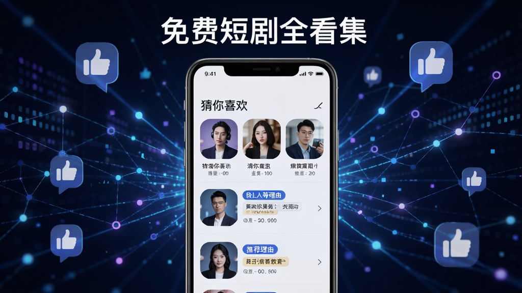 主体为“免费短剧全看集”智能推荐场景,前景是手机屏幕展示“猜你喜欢”列表,背景是抽象的数据网络与点赞图标,构图以手机为中心向四周发散,排版富有科技感,风格时尚简约,细节呈现推荐理由标签,画质锐利,干净无多余元素
