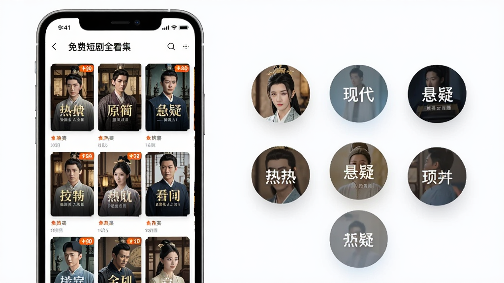 主体为“免费短剧全看集”应用内短剧分类瀑布流界面,左边是竖屏手机框架,右边悬浮着古装、现代、悬疑等圆形分类图标,布局左右均衡,排版错落有致,风格清爽明亮,细节展示每部剧封面与热度标号,画质通透,干净无多余元素