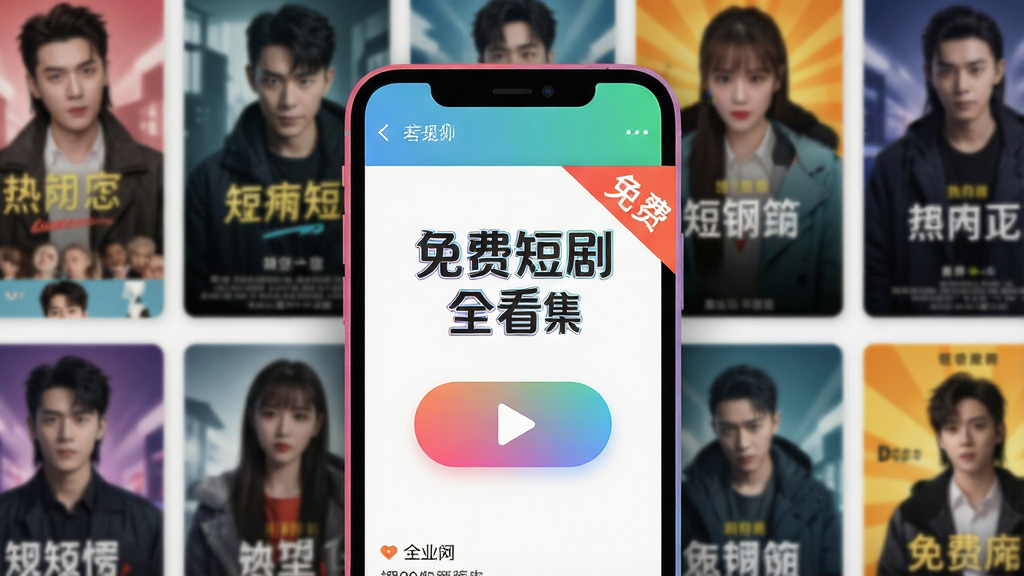 画面主体为“免费短剧全看集”APP界面悬浮在多彩手机屏幕上,背景是热门短剧拼贴海报墙,构图采用手机居中、海报环绕式布局,排版干净清晰,风格现代扁平化,细节突出播放按钮与“免费”角标,画质高清,干净无多余元素