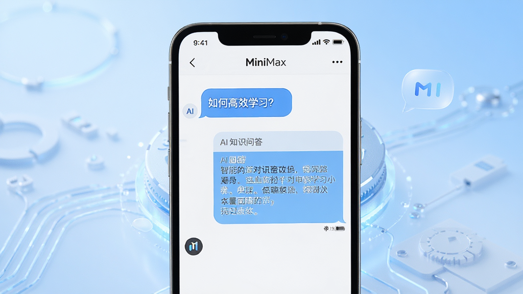 主体:MiniMax智能对话功能展示,一个智能手机屏幕显示与AI的对话界面,对话内容涉及知识问答。布局:手机居中,背景为柔和的渐变蓝色。排版:对话气泡左右排列,文字清晰。风格:写实与科技结合,明亮通透。细节:手机屏幕上有“MiniMax”Logo,对话气泡中显示“如何高效学习?”与AI回答内容。画质:高清细腻,干净无多余元素。