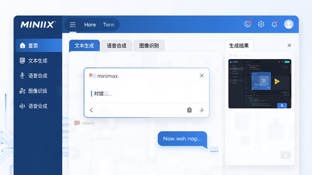 主体:MiniMax软件主界面展示,界面简洁现代,中央为对话输入框,左侧有功能菜单栏,右侧显示生成结果。布局:采用上下结构,上方为品牌Logo与导航,下方为操作区域。排版:清晰明了,图标与文字结合。风格:科技感、扁平化、蓝色主色调。细节:界面包含“文本生成”、“语音合成”、“图像识别”等选项卡,屏幕上有虚拟对话气泡。画质:高清渲染,干净无多余元素。