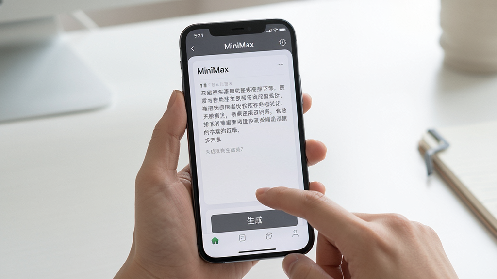 主体:用户正在手机上操作MiniMax应用,手指点击屏幕,屏幕显示生成结果。布局:手机特写,占据画面中央,背景为干净的书桌。排版:手机屏幕内容清晰可见,操作自然。风格:写实生活风,光线柔和。细节:屏幕上有“MiniMax”应用界面,显示一段生成的文字,手指轻触“生成”按钮。画质:高清,干净无多余元素。