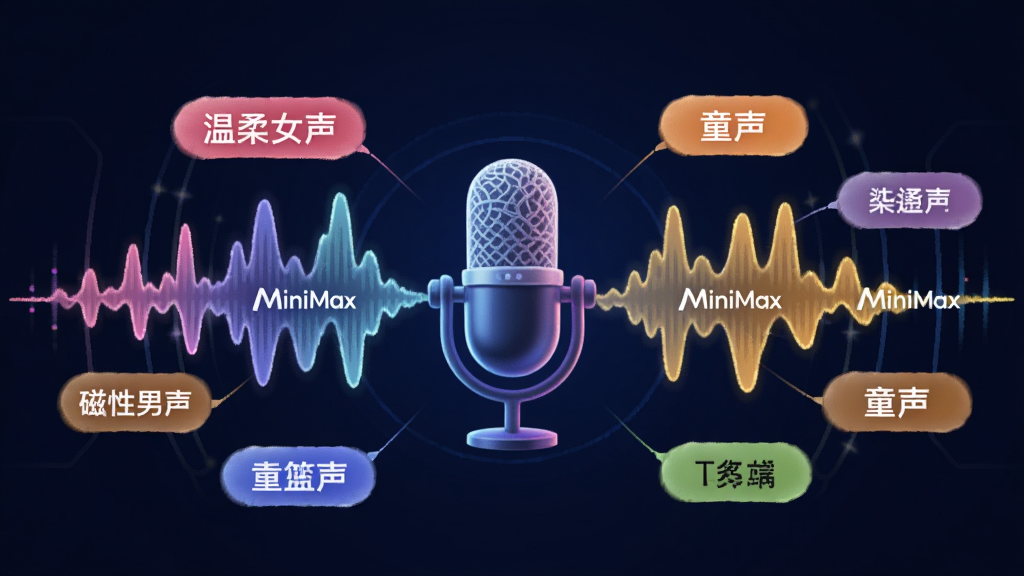 主体:MiniMax语音合成功能展示,一个麦克风图标连接着波形图,周围环绕着不同音色标签。布局:中心对称,麦克风居中,波形向两侧延伸。排版:标签围绕波形分布,色彩鲜艳。风格:抽象科技风,背景为深蓝。细节:波形上有“MiniMax”字样,标签包括“温柔女声”、“磁性男声”、“童声”等。画质:清晰富有质感,干净无多余元素。