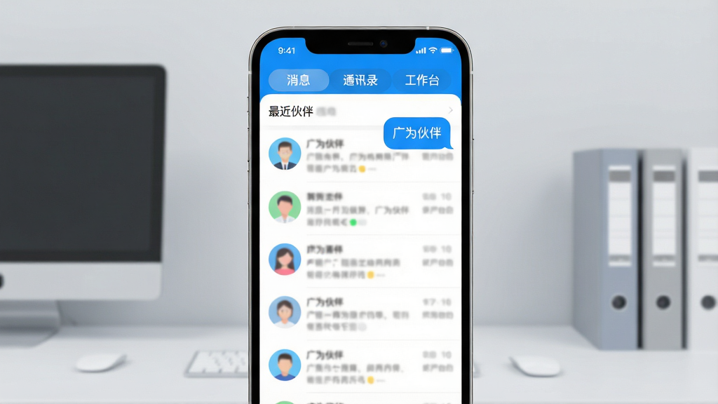 主体:一部智能手机屏幕显示“广为伙伴”应用主界面,界面顶部有“消息”、“通讯录”、“工作台”三个标签,中间是最近聊天列表和好友头像。布局:手机居中,屏幕内容清晰可见,背景为浅灰色办公室环境,桌面有电脑和文件。排版:手机屏幕占比大,突出显示应用UI,文字气泡标注“广为伙伴”。风格:现代扁平化设计,色彩明亮以蓝色和白色为主。细节:屏幕上的联系人姓名和消息内容为模糊的模拟文字,图标圆润。画质:高清渲染,干净,无多余元素。