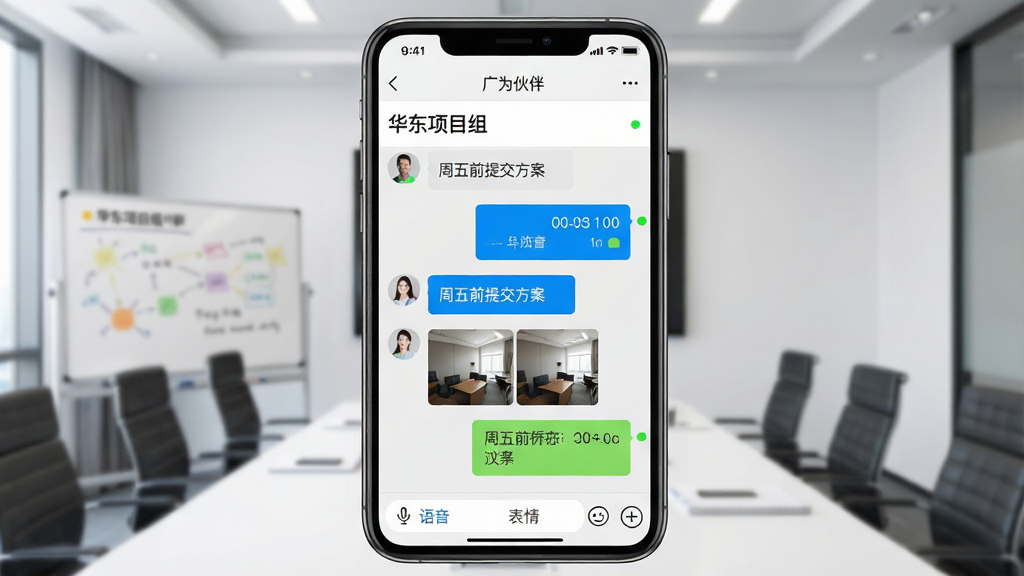 主体:手机屏幕特写展示“广为伙伴”群聊界面,群名称为“华东项目组”,下方是成员发送的语音、图片和文件消息气泡。布局:手机竖屏居中,背景是模糊的会议室场景,有白板和座椅。排版:消息气泡左右排列,底部输入框有“语音”、“表情”、“+”图标。风格:界面简洁,绿色在线状态点,蓝白配色。细节:群公告栏显示“周五前提交方案”,消息时间戳清晰。画质:精细渲染,干净,无多余元素。