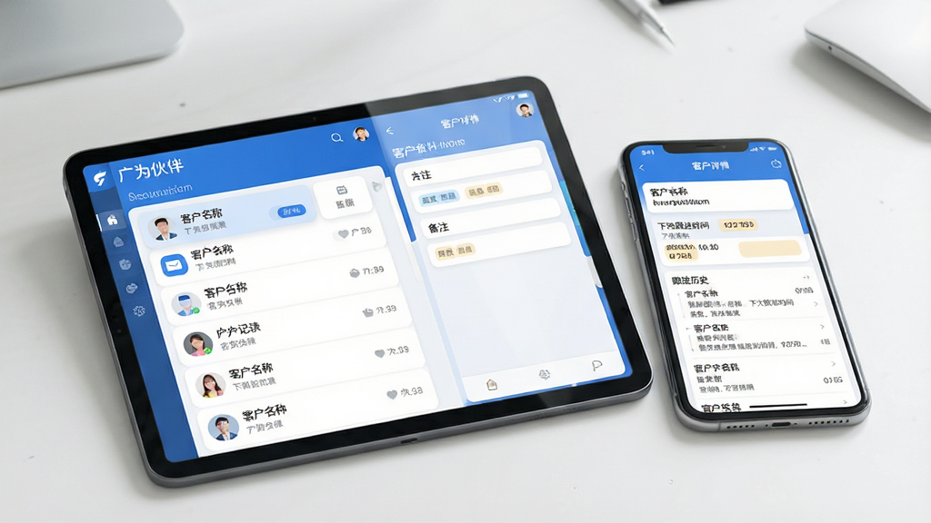 主体:一台平板电脑和一部手机并排展示“广为伙伴”客户管理界面,左侧是客户列表,右侧是客户详情页,包含跟进记录和备注标签。布局:平板和手机斜放,屏幕内容朝向观众,背景是简约办公桌。排版:客户详情页显示“客户名称”、“下次跟进时间”和“跟进历史”模拟数据。风格:商务蓝白配色,界面清晰,数据卡片圆角设计。细节:屏幕反光轻微,体现真实感。画质:高分辨率,干净,无多余元素。