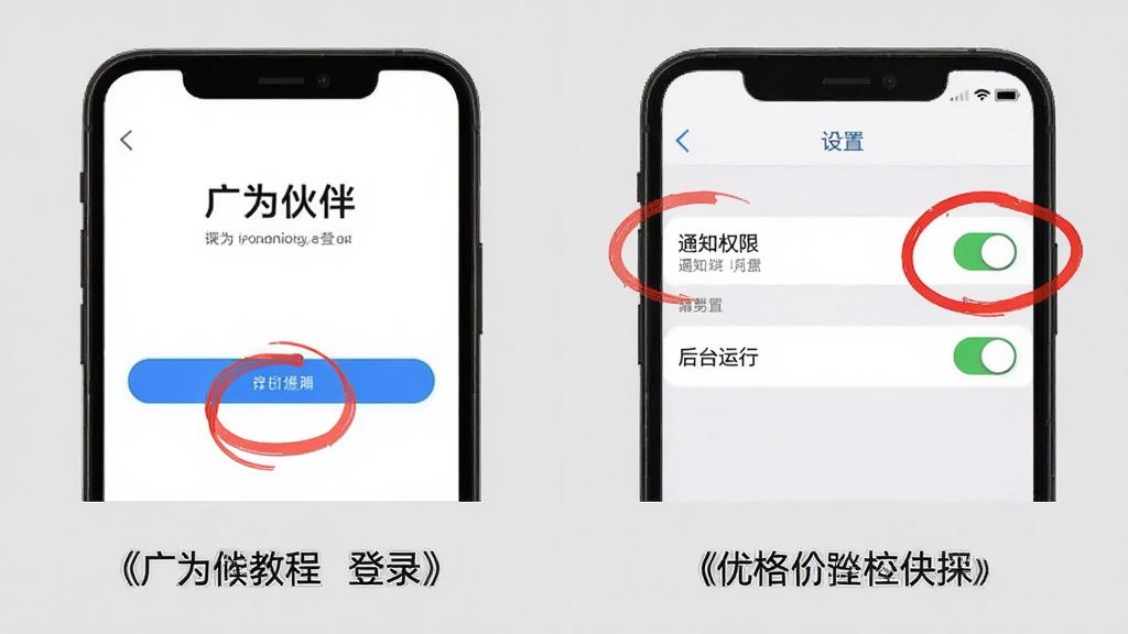 主体:一张手机截图拼接图,左侧为广为伙伴登录界面,右侧为设置界面,突出显示“通知权限”和“后台运行”选项。布局:两幅截图并排,背景为浅灰色纯色。排版:截图下方有文字标注说明。风格:教程风格,红色圆圈标出关键位置。细节:设置项开关处于开启状态。画质:清晰,干净,无多余元素。