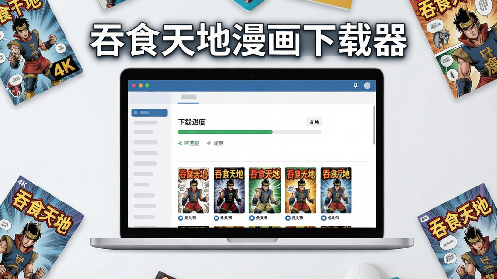 主体:一台打开的笔记本电脑屏幕显示漫画书架界面,上方有“吞食天地漫画下载器”字样;布局:电脑居中,四周散落几本漫画书;排版:电脑屏幕为主要视觉中心,文字标题置于屏幕上方;风格:扁平化现代科技感;细节:屏幕中清晰展示下载进度条和漫画封面缩略图;画质:4K超清,干净,无多余元素