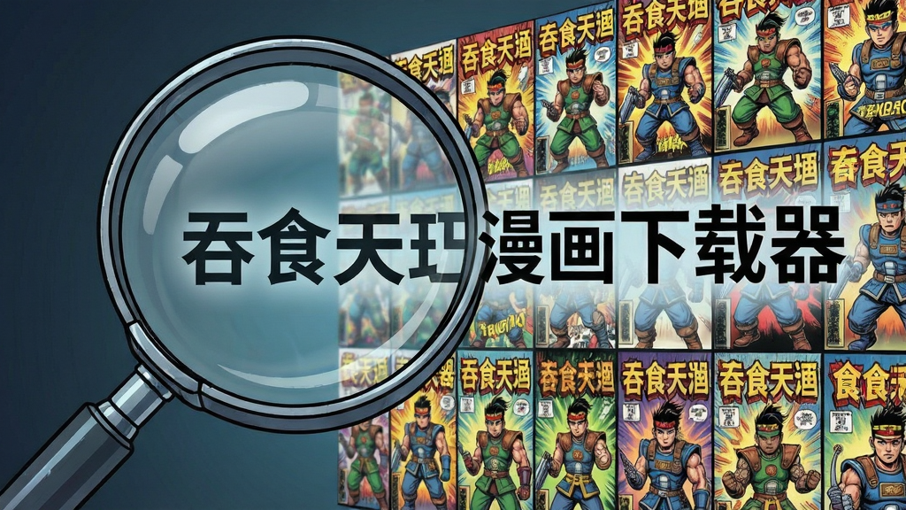 主体:一个放大镜正在扫描由众多漫画封面拼成的墙,墙上隐约可见“吞食天地漫画下载器”字样;布局:放大镜置于左侧,漫画墙布满右侧;排版:视觉焦点集中在放大镜扫描区域;风格:科技感插画;细节:漫画封面色彩丰富,放大镜玻璃有反光;画质:高清细腻,干净,无多余元素