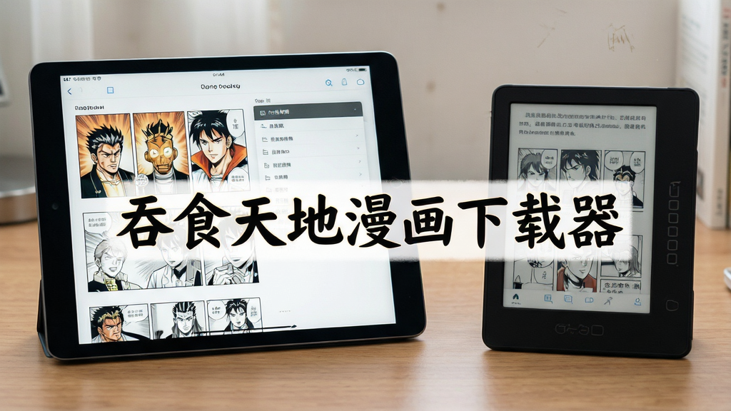 主体:一张书桌上摆放着平板电脑和电子书阅读器,屏幕中显示漫画章节列表;布局:平板电脑在左,电子书在右;排版:中间留白处有“吞食天地漫画下载器”艺术字;风格:写实生活场景;细节:设备屏幕中清晰显示漫画页面和格式转换菜单;画质:高分辨率,干净,无多余元素