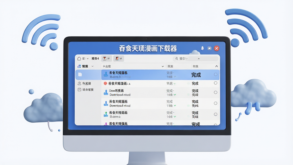 主体:一台电脑屏幕显示下载管理器界面,界面中有多个下载任务并显示“完成”字样;布局:电脑屏幕居中,周围有Wi-Fi信号图标和云朵;排版:屏幕占据画面主体,Wi-Fi图标在右上角;风格:现代3D渲染风;细节:屏幕中清晰看到“吞食天地漫画下载器”标题,任务列表清晰可见;画质:高清,干净,无多余元素