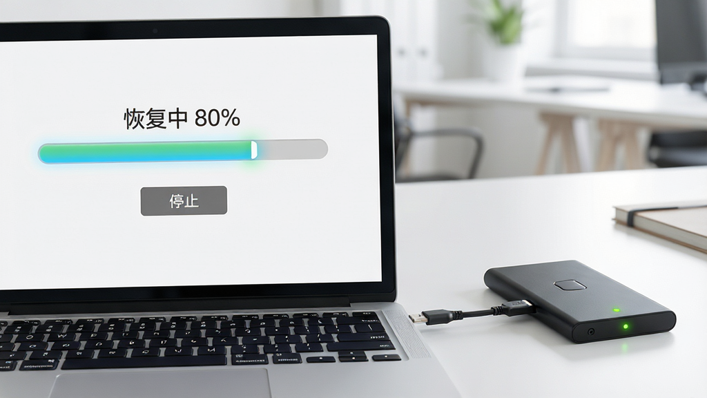 主体:一台笔记本电脑与一块移动硬盘,屏幕上显示恢复进度条;布局:笔记本在左,硬盘在右,中间用数据线连接;排版:界面简洁,进度条高亮,下方有“停止”按钮;风格:明亮办公场景,写实风格;细节:屏幕显示“恢复中 80%”,硬盘指示灯闪烁;画质:高清,干净,无多余元素
