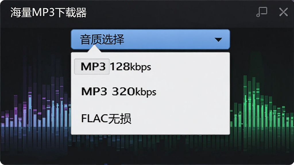 软件功能设置界面,展示“海量MP3下载器”的音质选择下拉菜单,包含MP3 128kbps、MP3 320kbps、FLAC无损等选项,背景有音乐频谱图案,整体风格细腻精致,画质干净,无多余元素