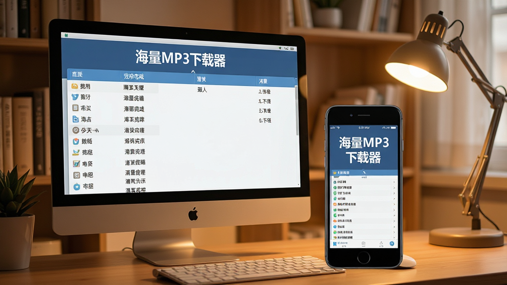 一幅电脑和手机并排摆放的图片,电脑屏幕显示“海量MP3下载器”的下载完成列表,手机屏幕显示同款软件的移动端界面,背景为暖色调书房,风格温馨写实,画质高清晰,无多余元素