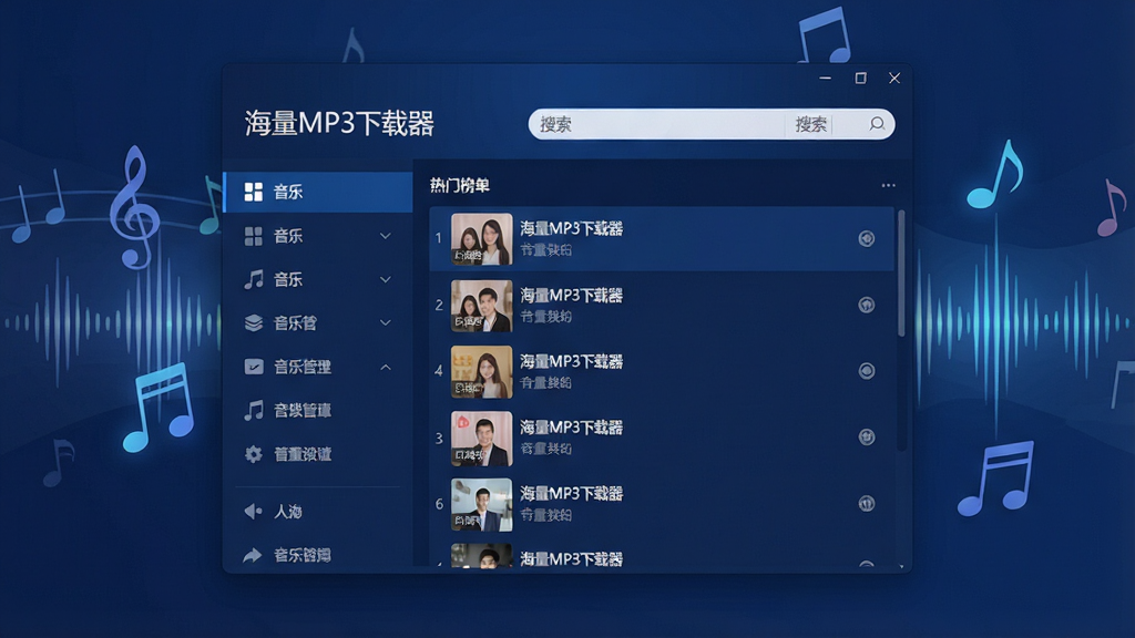 一幅现代简约风格的电脑软件界面预览图,画面中央是“海量MP3下载器”的主窗口,深蓝色调,左侧为音乐分类导航栏,右侧显示热门歌曲榜单列表,搜索框在顶部醒目位置,背景有音符和声波动态效果,整体布局清晰,风格专业且富有科技感,画质干净,无多余元素