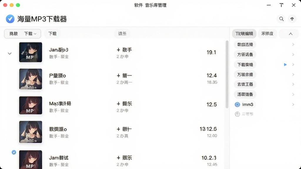 软件音乐库管理界面,展示“海量MP3下载器”中已下载歌曲列表,每首歌都显示封面、名称、歌手和时长,右侧有标签编辑面板,风格清爽柔和,界面以白色为主,画质清晰,无多余元素
