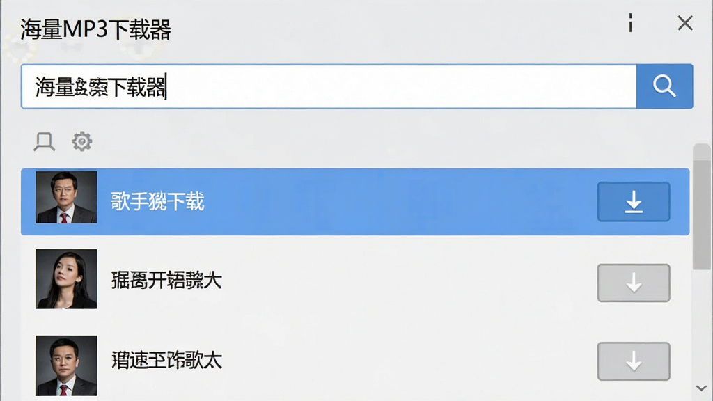 一张展示软件搜索功能的截图,界面显示“海量MP3下载器”的搜索框内输入歌手名字,下方结果列表排列着多首歌曲,每首歌曲旁有下载按钮,列表背景为浅灰色,高亮显示第一首歌曲,整体风格简洁直观,画质清晰,无多余元素
