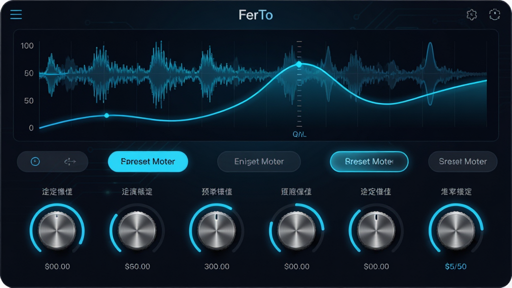 主体:FerTo应用内的声音调节面板,显示均衡器曲线与预设模式按钮。布局:面板占据画面大部分,上方为波形显示区,下方为多排控制旋钮。排版:左右对称,标签文字清晰。风格:科技感UI设计,深色背景配霓虹蓝光效。细节:旋钮带有细微金属光泽,曲线动态流动。画质:高分辨率渲染,色彩过渡自然,干净无多余元素