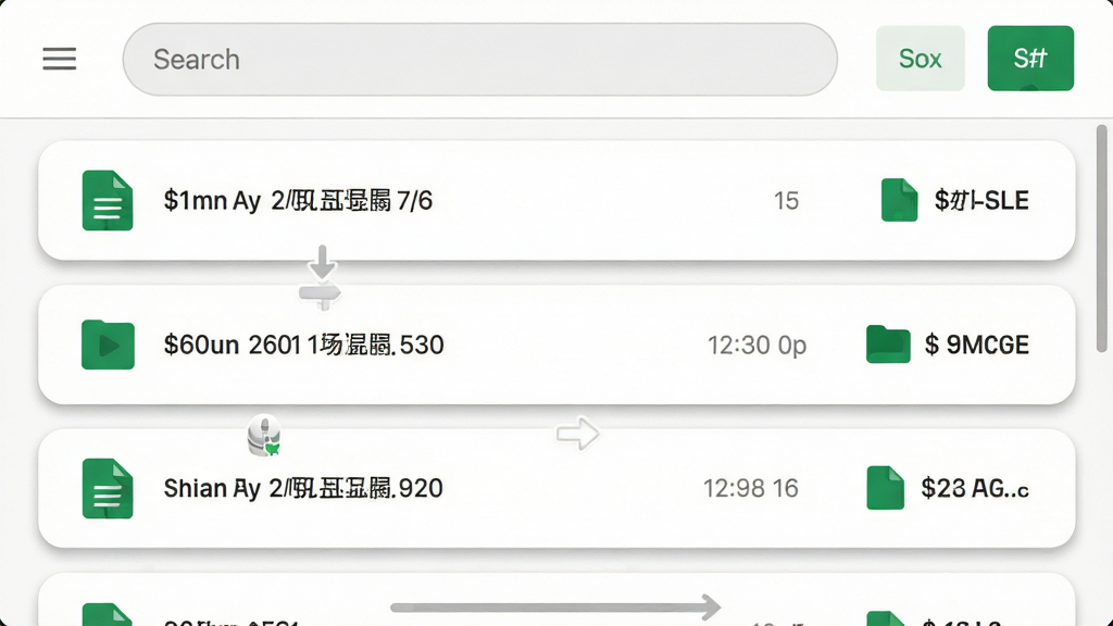 主体:FerTo的录音文件列表界面,每条记录显示文件名、时长与文件大小图标。布局:列表纵向排列,顶部有搜索栏与排序按钮。排版:字体清晰,行间距舒适。风格:简洁的Material Design风格,白色背景配绿色强调色。细节:文件卡片带有轻微圆角与阴影,滑动操作提示可见。画质:画面明快,干净无多余元素
