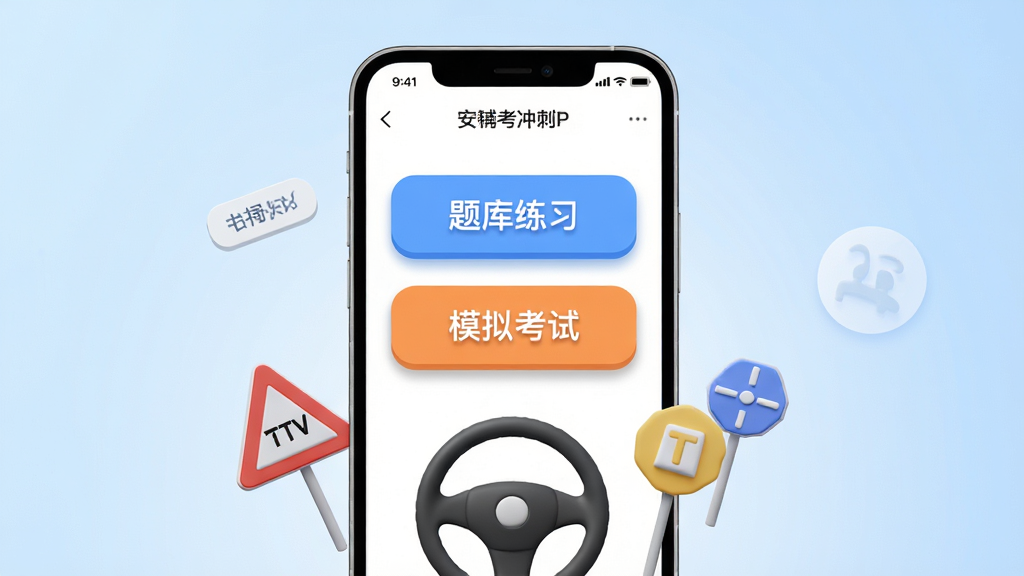 画面主体为一部智能手机屏幕展示驾考冲刺通APP界面,界面中央显示“题库练习”和“模拟考试”两个醒目按钮,手机下方漂浮着方向盘、交通标志等3D小元素,背景为浅蓝色渐变,布局居中,排版简洁,风格现代扁平,细节包括操作按钮的阴影和圆角,画质高清干净,无多余元素