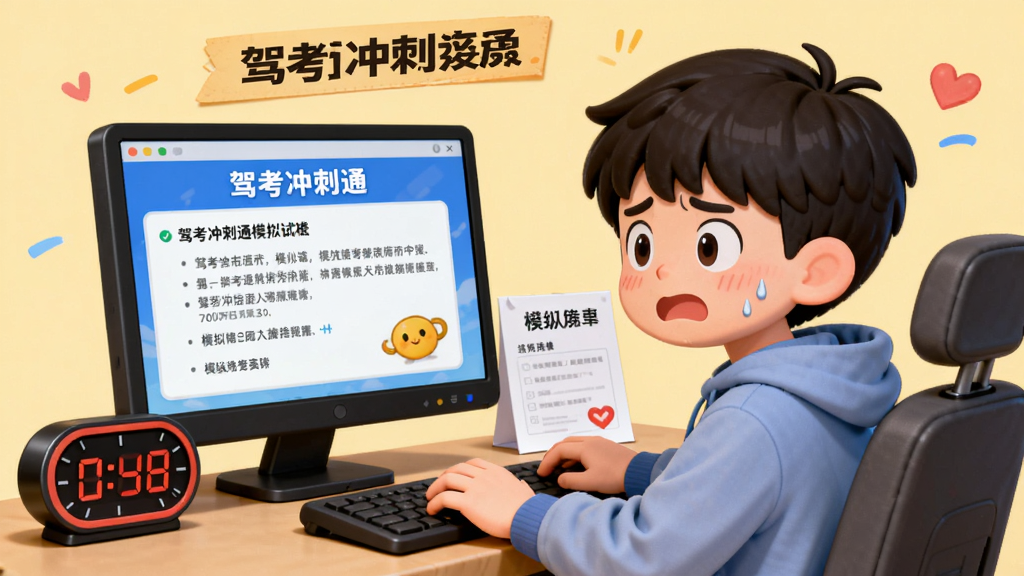 驾考冲刺通模拟考试场景插画,一个学员坐在电脑前答题,屏幕显示驾考冲刺通模拟试卷,旁边有倒计时时钟与成绩单,背景为淡黄色,布局左右均衡,风格写实可爱,细节有紧张表情与鼓励标语,画质干净无多余元素