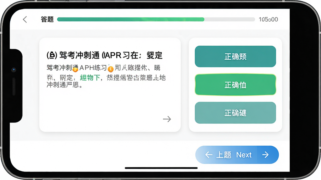 驾考冲刺通APP练习界面截图风格图片,左侧题目文字,右侧选项按钮,底部有上一题下一题导航栏,顶部显示答题进度条,背景为纯白色,卡片式排版,风格简洁清爽,细节高亮显示正确答案,画质干净无多余元素