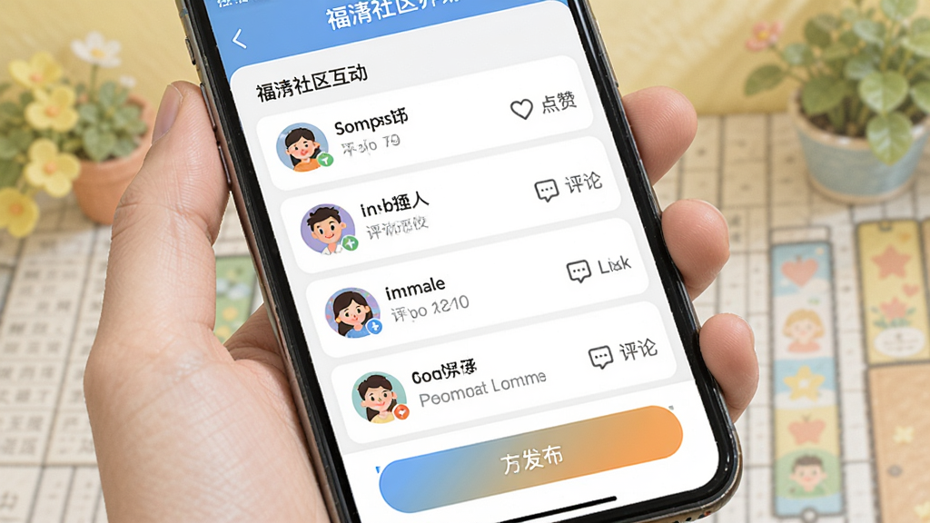 看福清社区互动界面:手机屏幕显示话题列表,用户头像和评论数清晰可见,有“点赞”、“评论”图标,底部有发布按钮,色调明快,风格活泼,体现社交属性,画质干净。