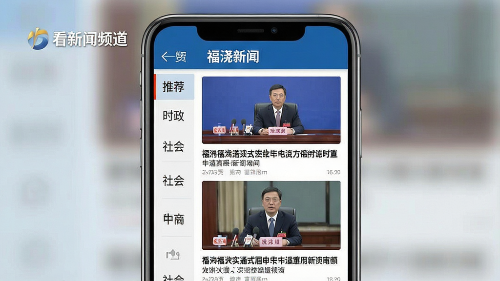看福清新闻频道展示图:手机界面显示新闻列表,每条新闻配有代表性缩略图,标题醒目,左侧分类导航栏可见“推荐”、“时政”、“社会”等字样,整体风格专业清晰,画质干净,无多余元素。