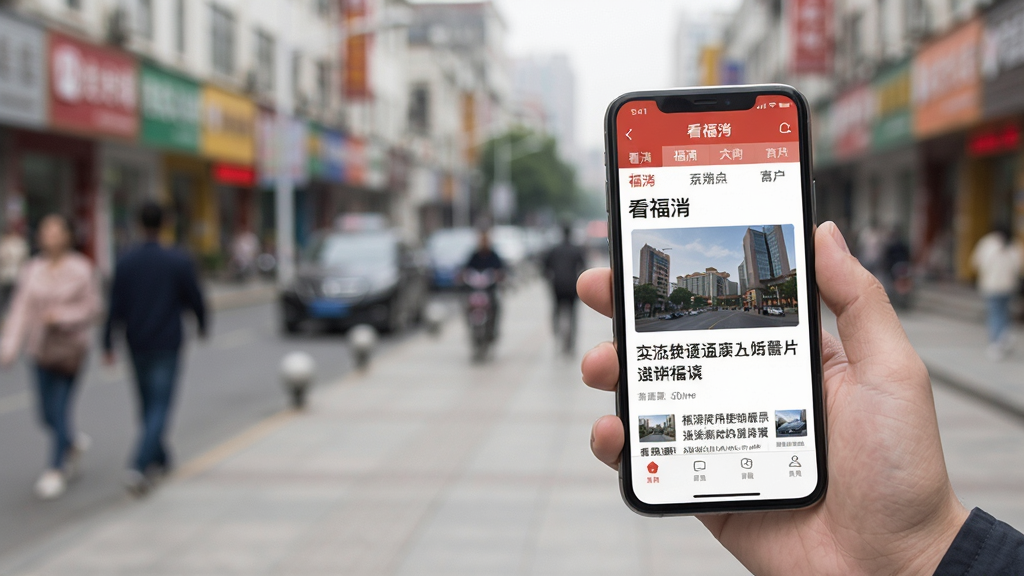看福清使用场景示意图:一位用户手持手机在室外阅读新闻,手机屏幕显示看福清界面,背景为模糊的城市街景,突出移动阅读的便捷性,整体风格自然真实,画质清晰,无多余元素。