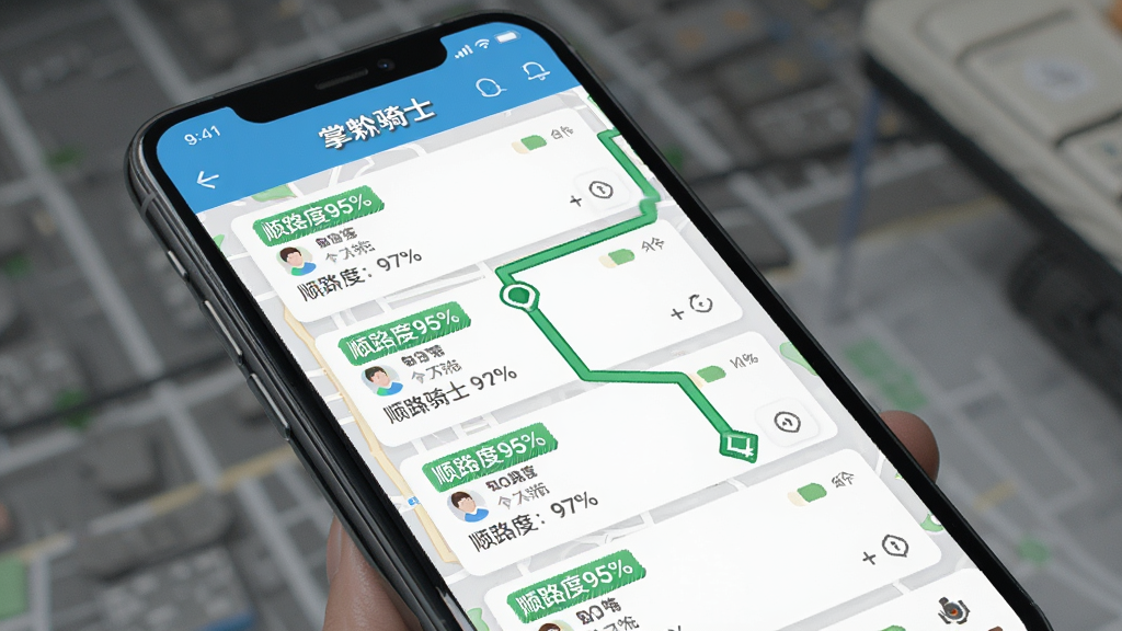 展示掌黔骑士应用内智能派单界面,手机屏幕上显示多个订单卡片,带有“顺路度95%”标签,背景为简洁的街道地图,绿色路线高亮显示,界面整洁,色彩明快,突出“掌黔骑士”品牌,画质细腻,无多余元素