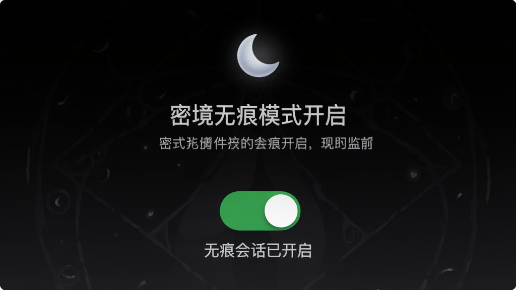 主体:密境无痕模式开启界面,包含模式开关与说明文字。布局:界面居中,上方为月亮图标,下方为功能开关,背景为黑色渐变。风格:神秘、简洁。细节:文字“无痕会话已开启”清晰可见,开关为绿色,整体干净整洁。画质:高清,干净,无多余元素。