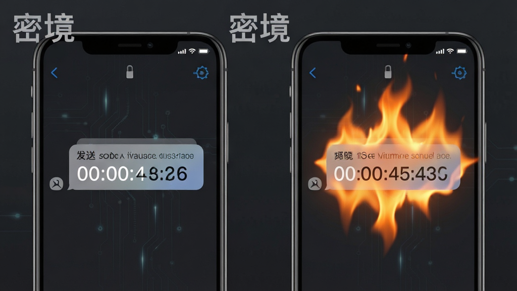 主体:两部手机演示消息从显示到消失的动画,上面标有“密境”水印。布局:左右两部手机,左侧发送消息,右侧接收后屏幕出现火焰特效并逐渐消失。风格:写实加科技感。细节:消息框带有倒计时数字,背景为深灰色,突出火焰的明亮。画质:高清晰度,干净,无多余元素。