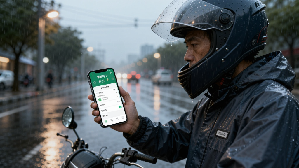 展示骑手在雨中穿着雨衣,手持安装掌黔骑士应用的手机,屏幕显示订单详情,背景为模糊的街道与路灯,氛围真实,突出骑手工作场景,构图以人物为主体,画面干净,无多余元素