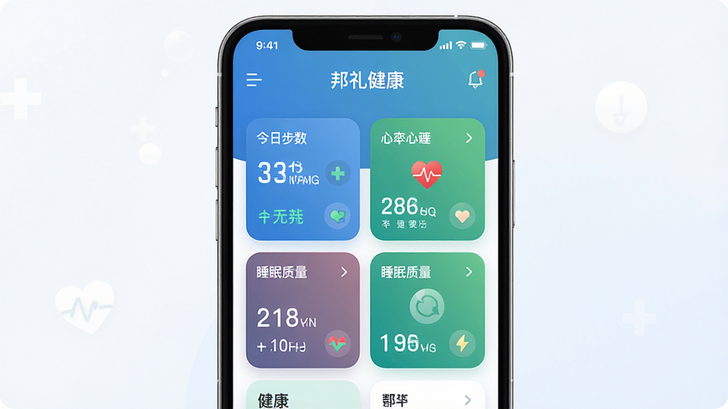 һ��չʾ���񽡿�APP���Ĺ��ܵ�������ͼ����������Ϊһ�������ֻ�����Ļ��������ʾ���񽡿��������棬�������ղ��������ʡ�˯�����������ݿ�Ƭ���������룬ɫ�������µ���ɫ����ɫΪ��������ִ���Լ��ϸ�ڷḻ�����ʸ��壬�ɾ��޶���Ԫ�ء�