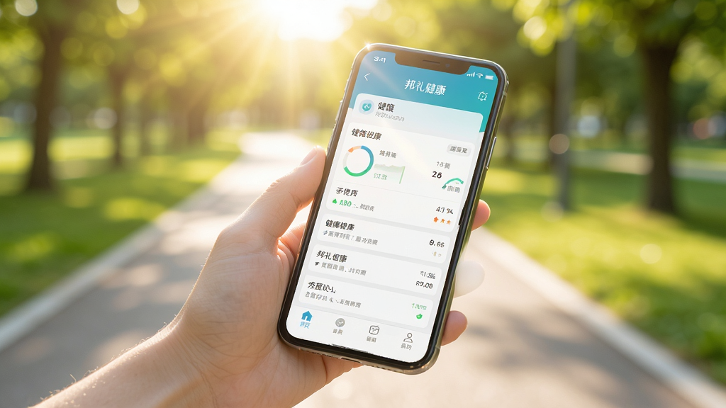 ���񽡿��ֻ�APP��ʹ�ó���ͼ����������һֻ���������ֻ��ڻ���鿴���񽡿�APP�ϵĽ������ݣ��������黯�Ĺ�԰�̵�������������Ļ�ϣ��������������ɼ��������Ȼ���£����ʸ��壬�ɾ��޶���Ԫ�ء�