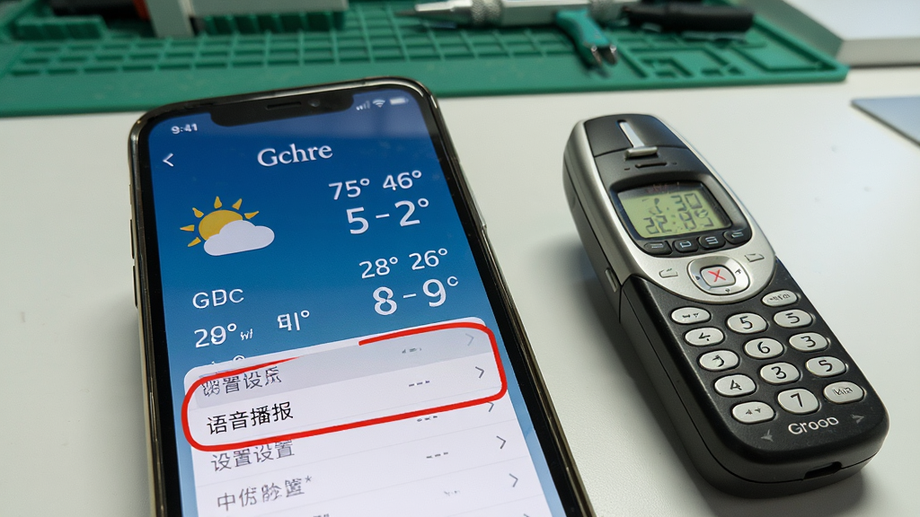 一部智能手机屏幕显示大字天气预报的详细预报界面,屏幕上用红框圈出设置菜单中的“语音播报”选项,旁边有一部老式手机作对比,展示大字体优势,背景是简洁的工作台,风格实用清晰,画质干净,无多余元素