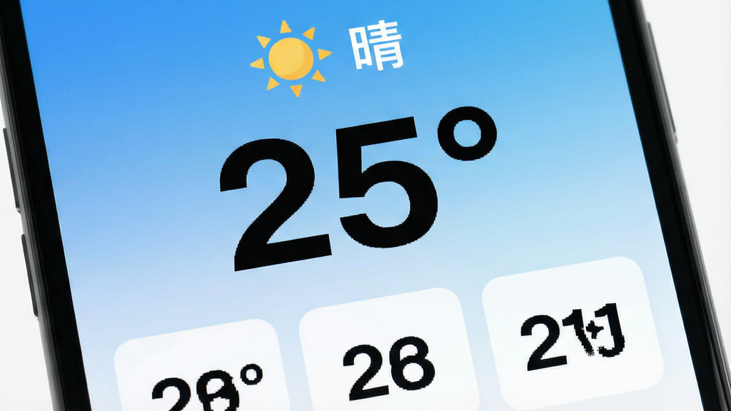 手机应用界面特写,屏幕中央以超大粗体数字显示“25°”,上方是晴朗的太阳图标和“晴”字,下方排列着几个同样字体硕大的日期块,背景为简约的蓝白渐变,界面元素布局疏朗清晰,风格扁平化设计,画质干净无多余元素,突出“大字天气预报”的易读性