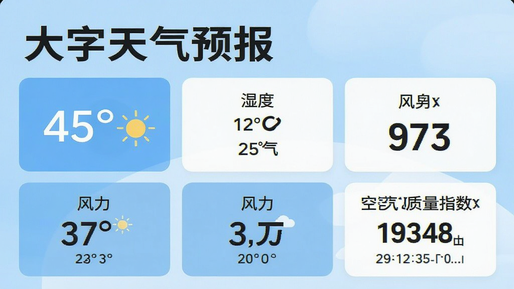 一张展示手机天气应用信息详情的截图,界面显示“大字天气预报”的城市天气页面,包括温度、湿度、风力和空气质量指数等数据卡片,数据排列整齐,字体硕大清晰,背景为简洁的浅蓝色,整体风格商务清晰,画质干净,无多余元素