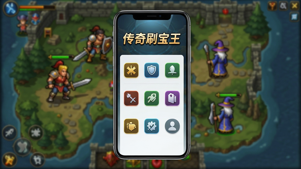 主体:传奇刷宝王软件主界面展示,手机屏幕内显示简洁的辅助功能面板,带有“传奇刷宝王”字样,背景为复古传奇游戏地图画面,有战士、法师等角色形象。布局:居中构图,手机竖屏摆放,界面元素清晰。排版:功能图标排列整齐,色彩对比鲜明。风格:科技感与现代感结合,画面干净通透。细节:高光反射,阴影自然,文字清晰。画质:4K高清渲染,干净无多余元素。